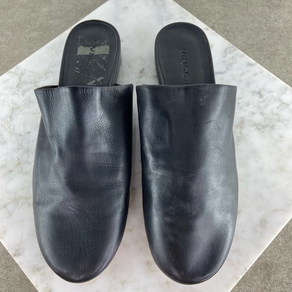 Vince Black Leather Slip On Flat Loafer Oren Mules